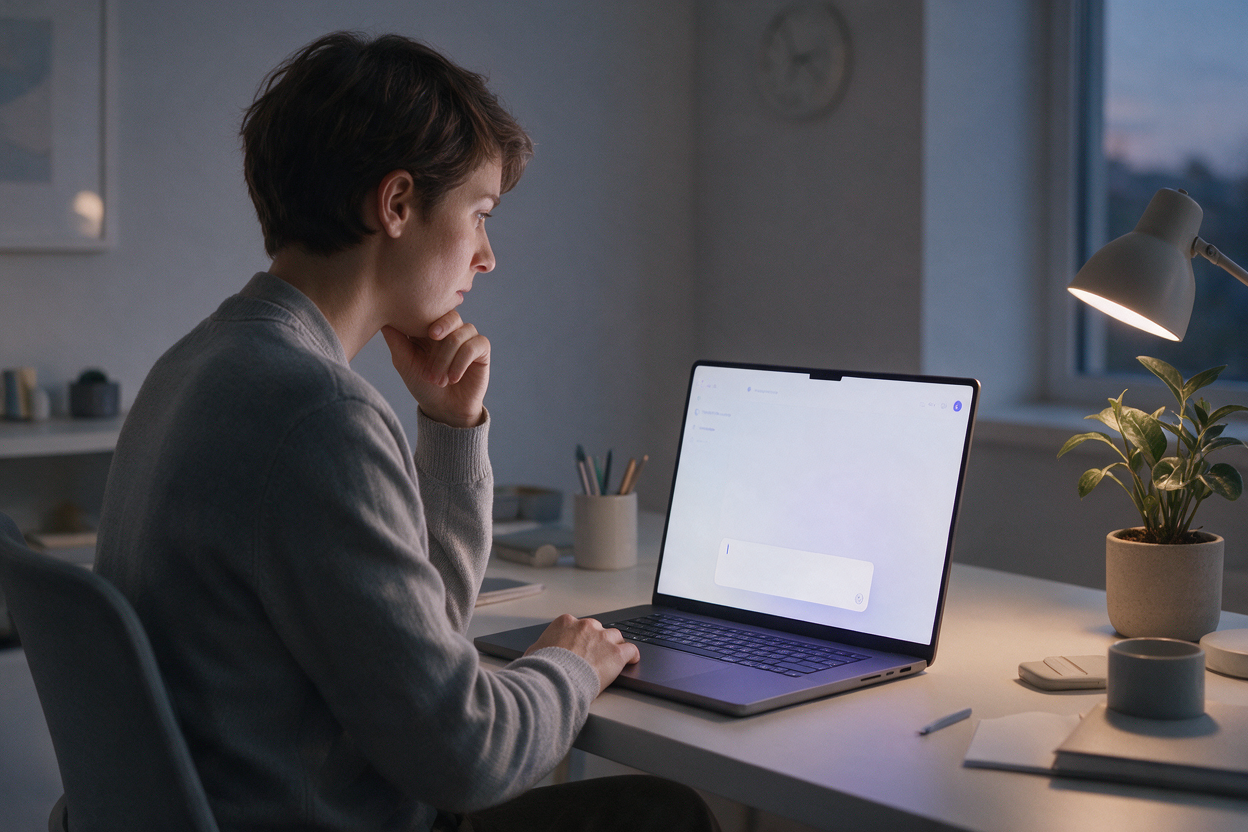 Person staring at an empty AI chat box, unsure what to ask